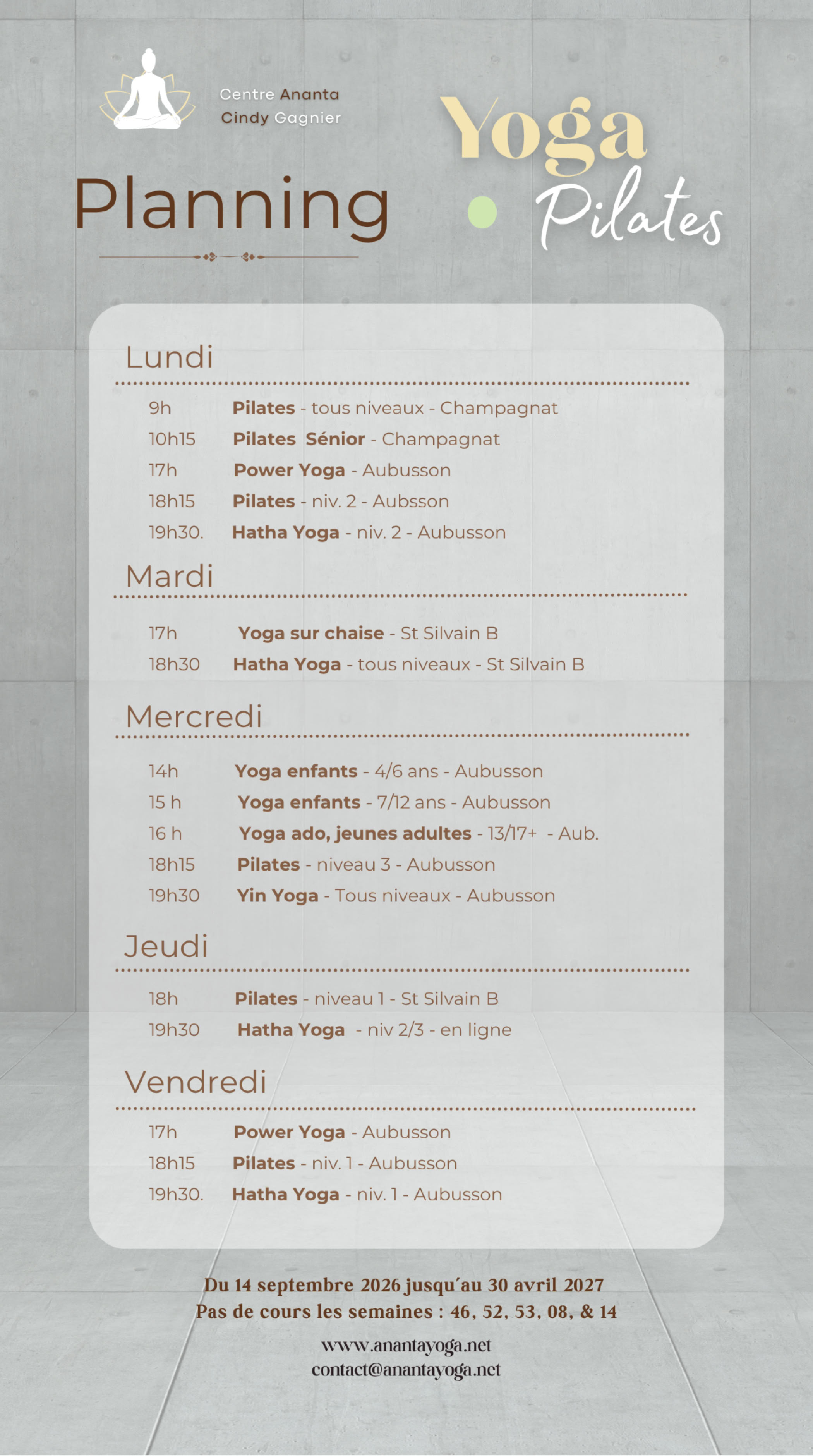Planning des cours Pilates et Yoga en Creuse 