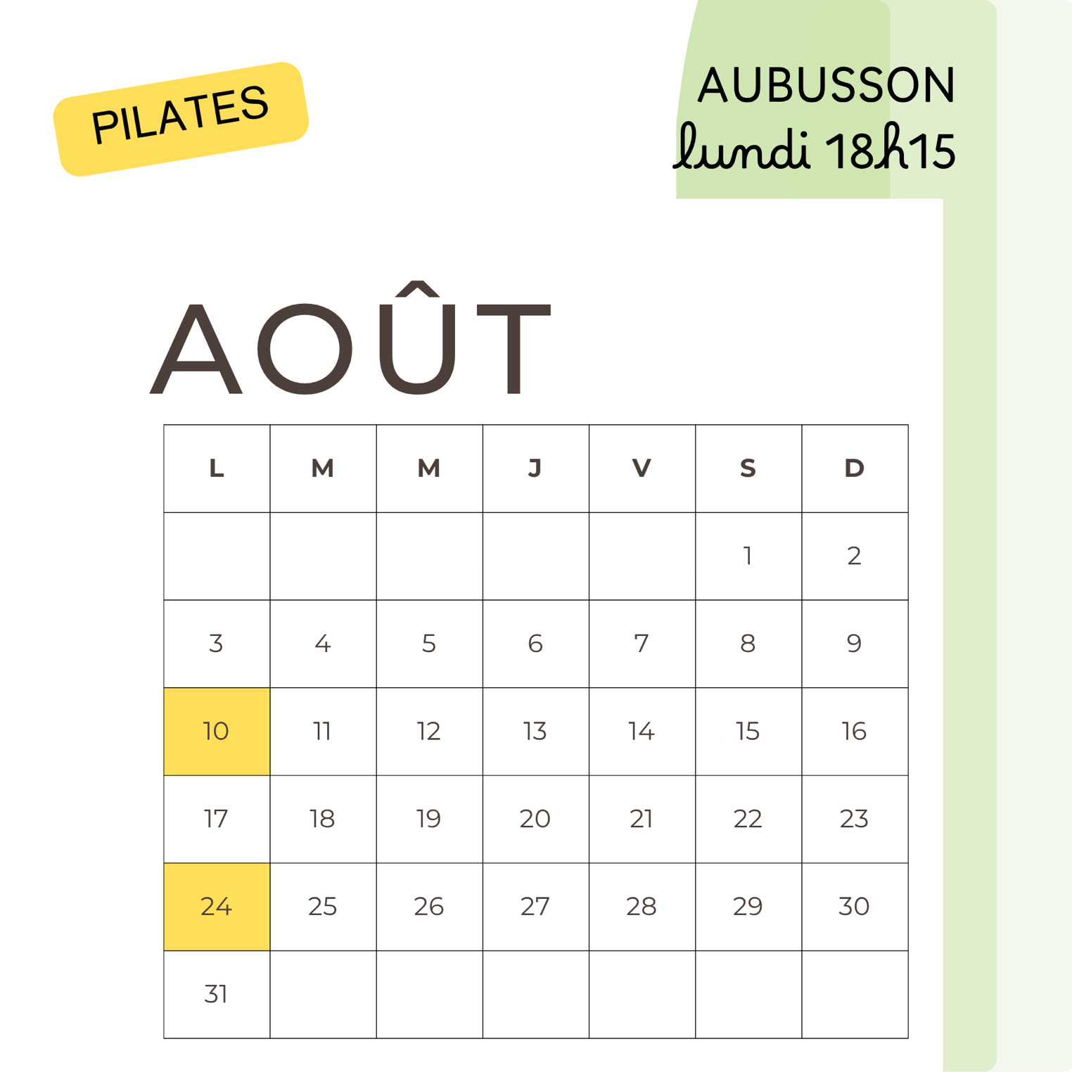 calendrier des cours de pilates en août à Aubusson