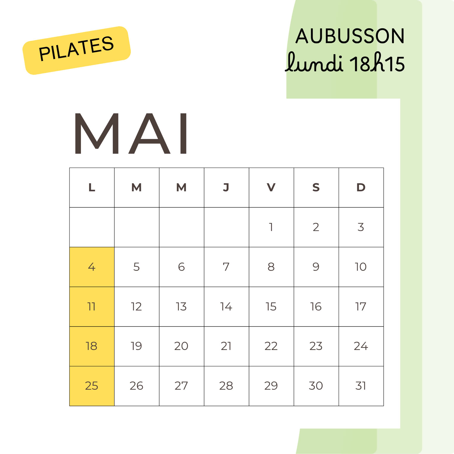 calendrier des cours de pilates en mai à Aubusson